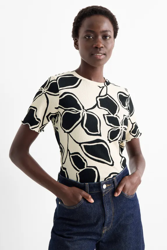 T-shirt - regular fit - floral black / beige