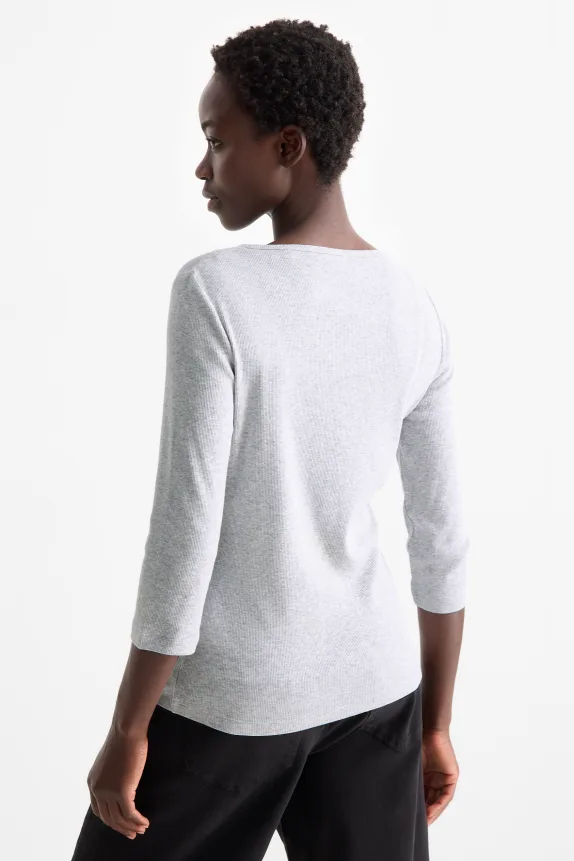 Henley T-shirt - slim fit - ribbed light gray-melange
