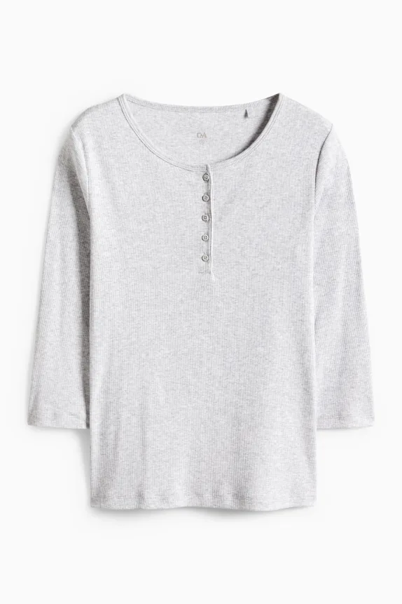Henley T-shirt - slim fit - ribbed light gray-melange