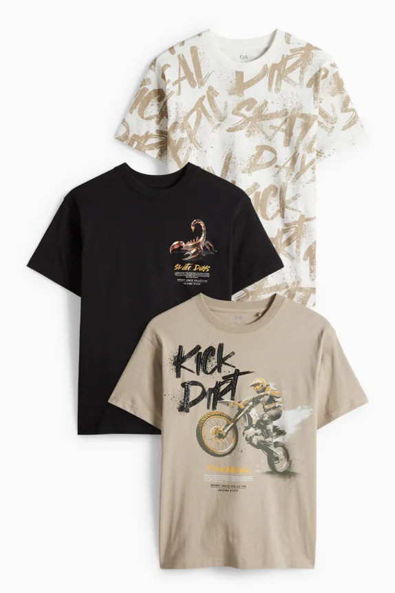 Multipack of 3 - motorbike, scorpion and skateboarder - short sleeve T-shirt taupe