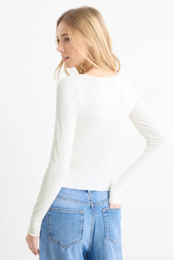 Cropped long sleeve top - regular fit - ribbed white