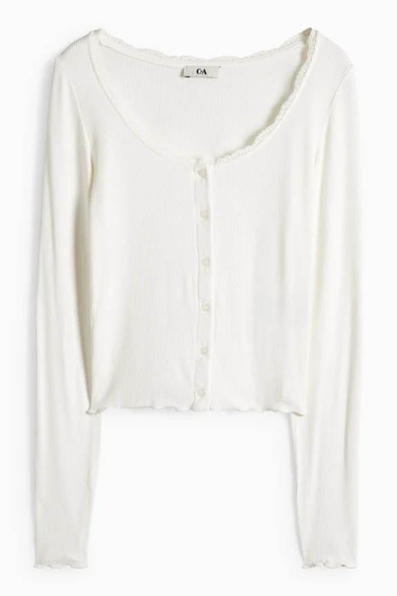 Cropped long sleeve top - regular fit - ribbed white