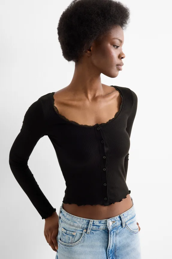 Cropped long sleeve top - regular fit - ribbed black