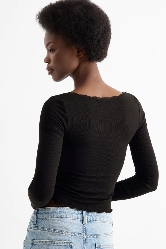 Cropped long sleeve top - regular fit - ribbed black
