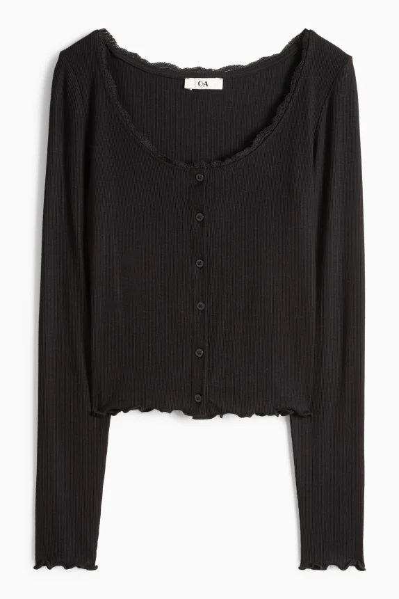 Cropped long sleeve top - regular fit - ribbed black