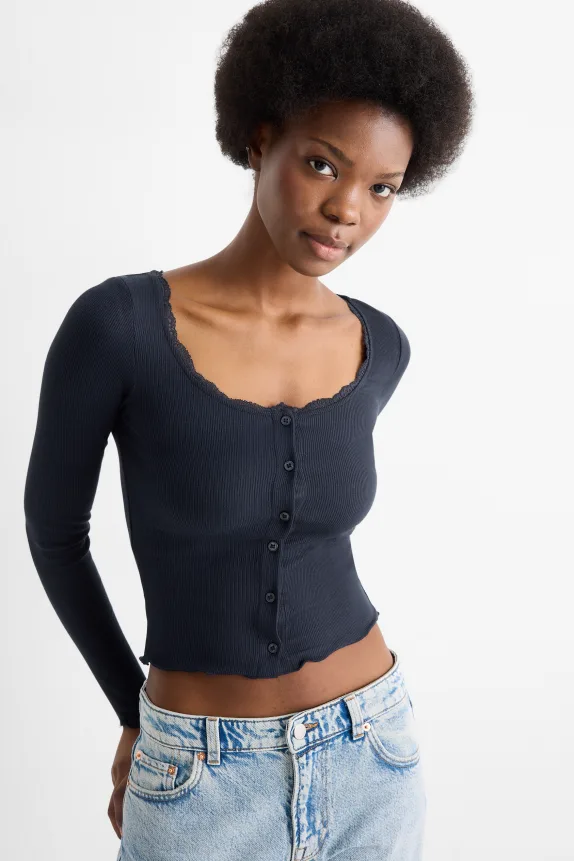 Cropped long sleeve top - regular fit - ribbed dark blue