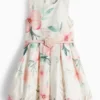 Floral - dress with belt - party white