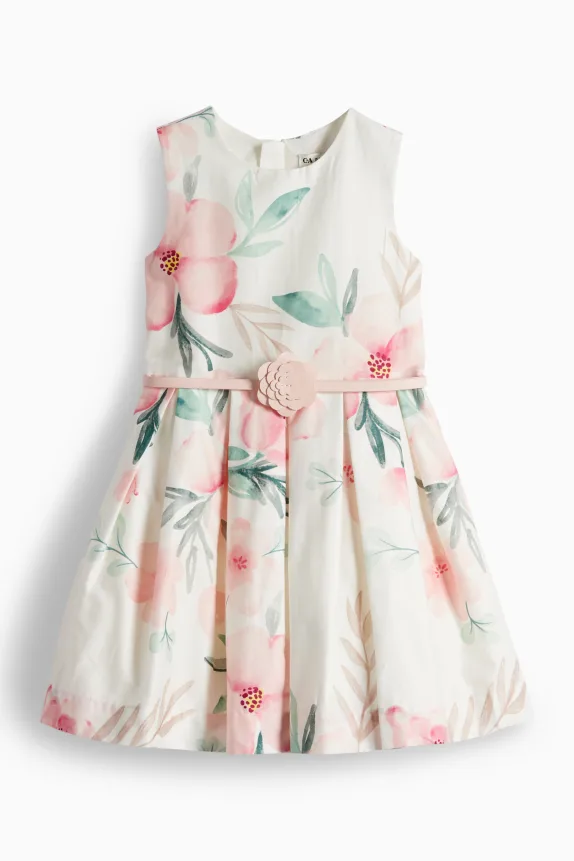 Floral - dress with belt - party white