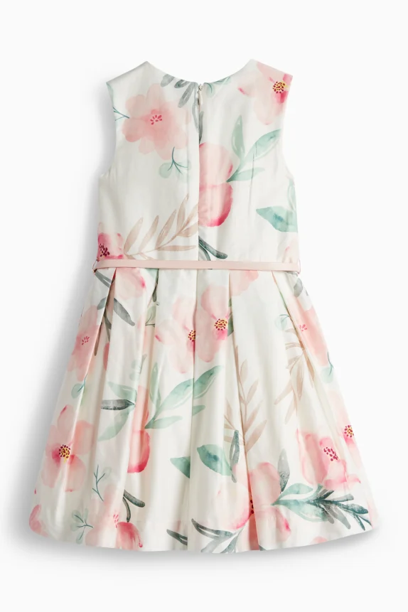 Floral - dress with belt - party white