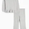 Set - long sleeve top and flared leggings - ribbed - 2 piece light gray