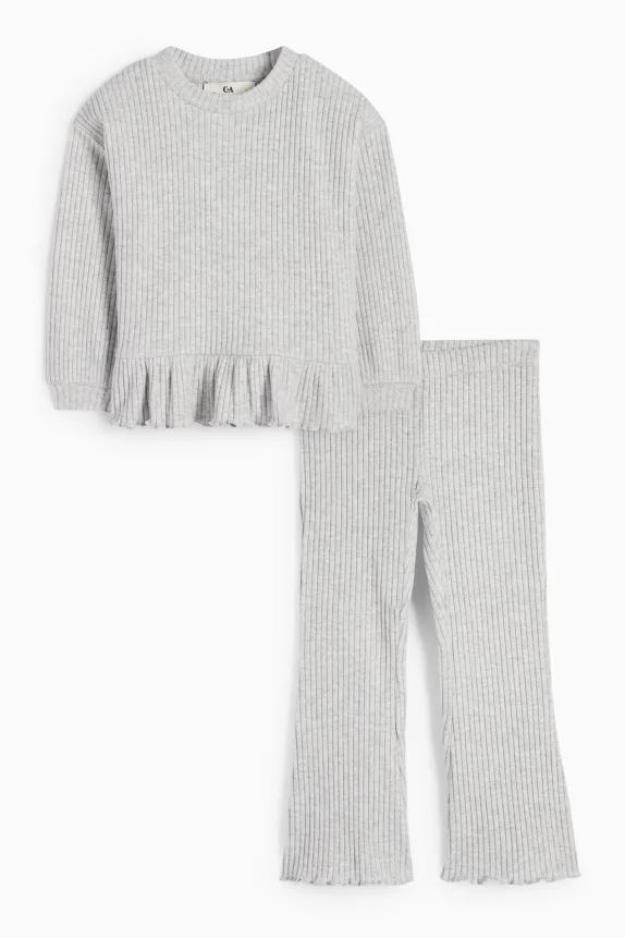 Set - long sleeve top and flared leggings - ribbed - 2 piece light gray