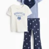 Heart - set - 2 short sleeve T-shirts and flared leggings - 3 piece blue / white