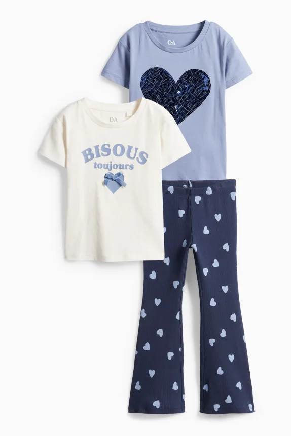 Heart - set - 2 short sleeve T-shirts and flared leggings - 3 piece blue / white