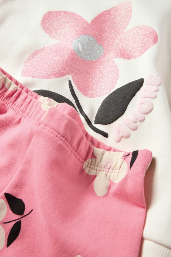 Floral - set - sweatshirt and flared leggings - 2 piece pink