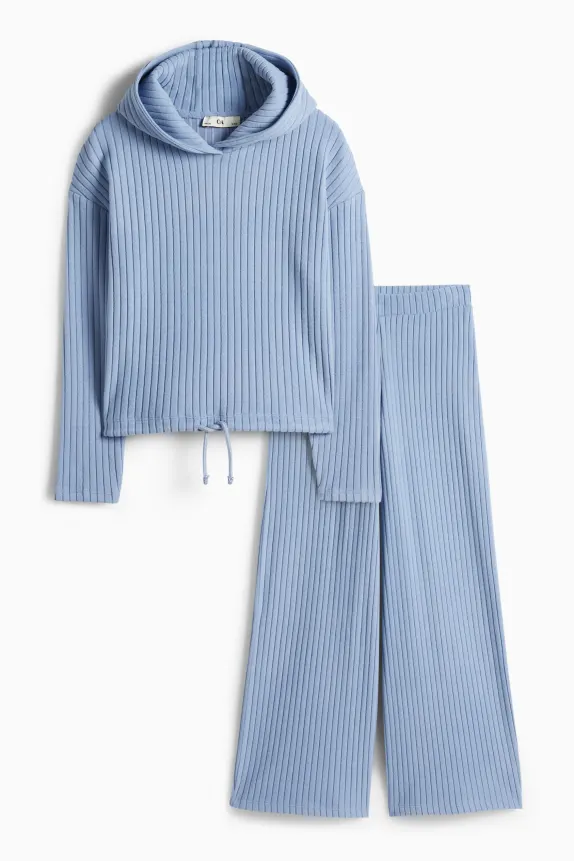 Set - hoodie and joggers - ribbed - 2 piece blue