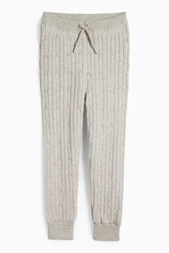 Thermal knitted joggers - cable knit pattern light gray-melange
