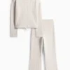 Set - hooded jumper and flared leggings - ribbed light beige