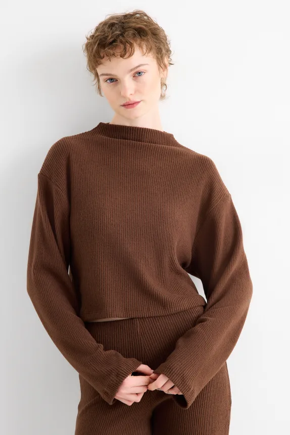 Long sleeve top - regular fit - ribbed brown