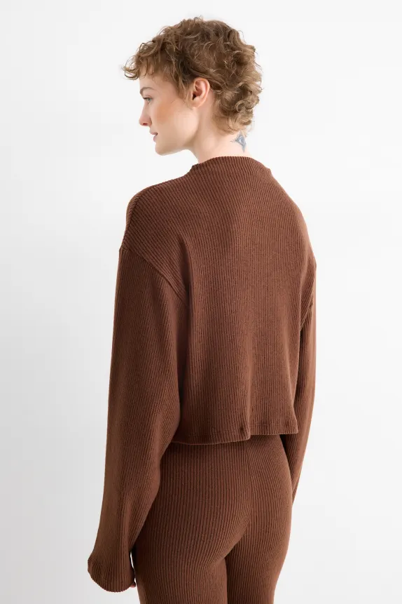 Long sleeve top - regular fit - ribbed brown