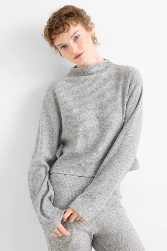 Long sleeve top - regular fit - ribbed light gray-melange