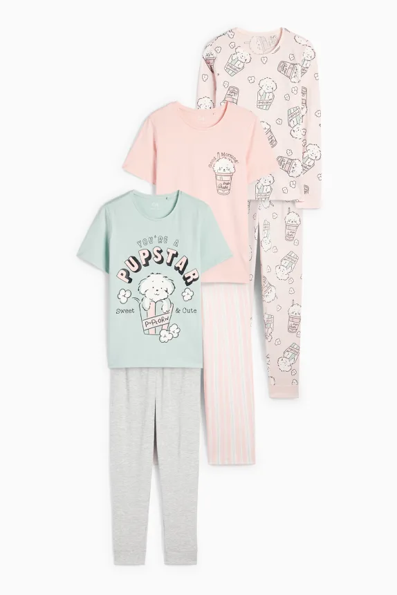 Multipack of 3 - puppy and popcorn - pyjamas - 6 piece rose