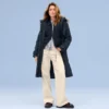 Coat with hood and belt - lined - water-repellent dark blue