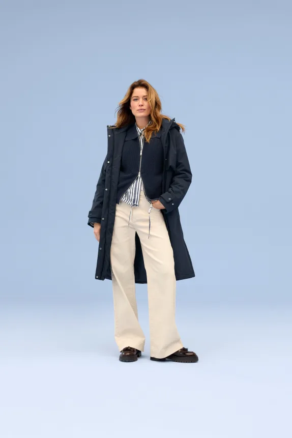 Coat with hood and belt - lined - water-repellent dark blue