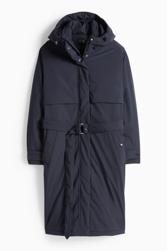 Coat with hood and belt - lined - water-repellent dark blue