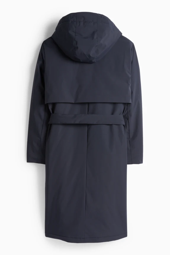 Coat with hood and belt - lined - water-repellent dark blue