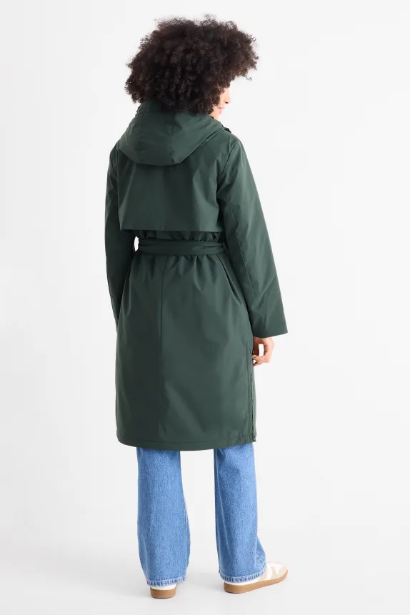 Coat with hood and belt - lined - water-repellent dark green