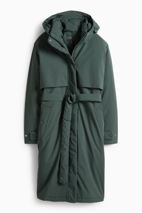 Coat with hood and belt - lined - water-repellent dark green