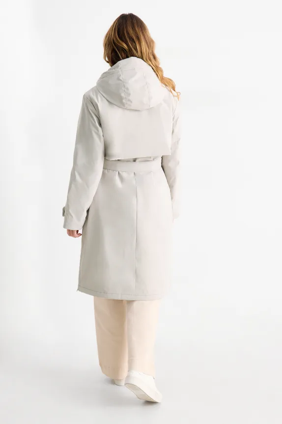 Coat with hood and belt - lined - water-repellent light gray