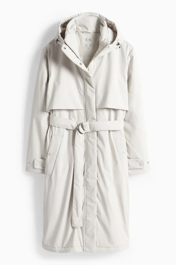 Coat with hood and belt - lined - water-repellent light gray