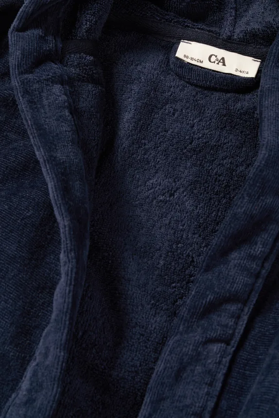 Terry cloth bathrobe with hood dark blue