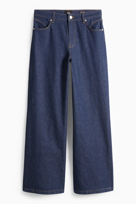 Wide leg jeans - mid-rise waist denim-dark blue