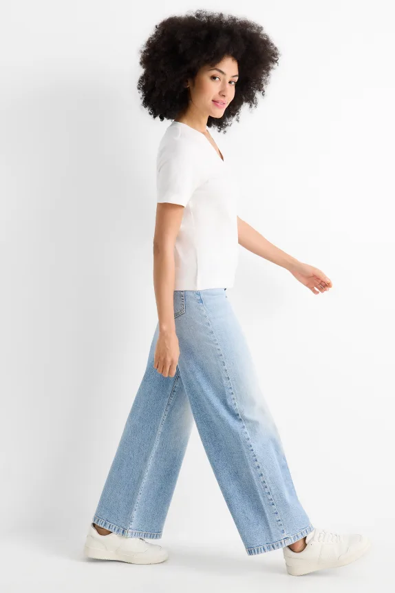 Wide leg jeans - mid-rise waist denim-light blue