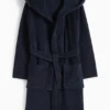 Terry cloth bathrobe with hood dark blue
