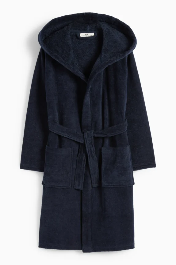 Terry cloth bathrobe with hood dark blue