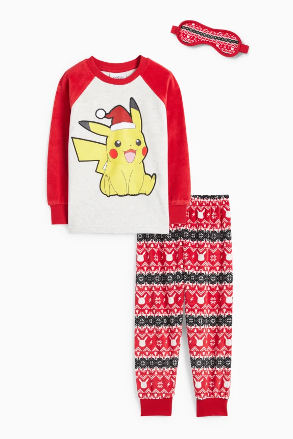 Pokémon - Pikachu - set - Christmas pyjamas and sleep mask red