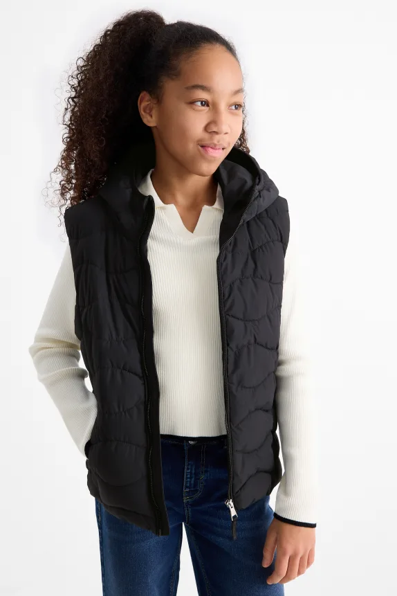 Quilted gilet with hood - water-repellent black