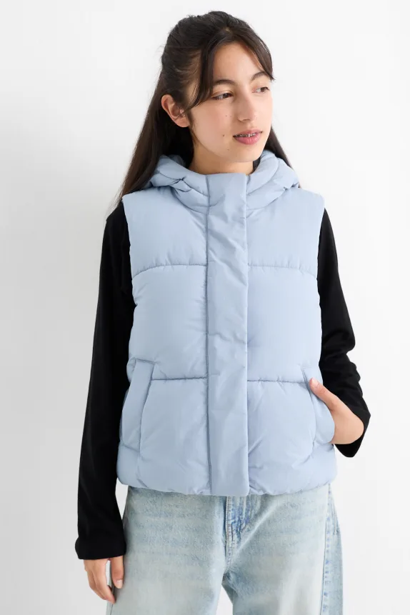 Quilted gilet with hood - water-repellent light blue