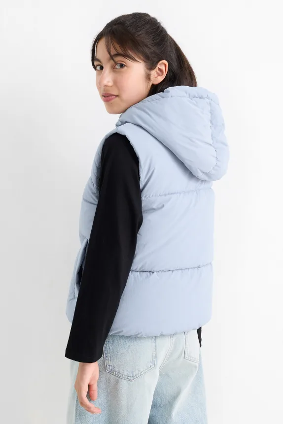 Quilted gilet with hood - water-repellent light blue