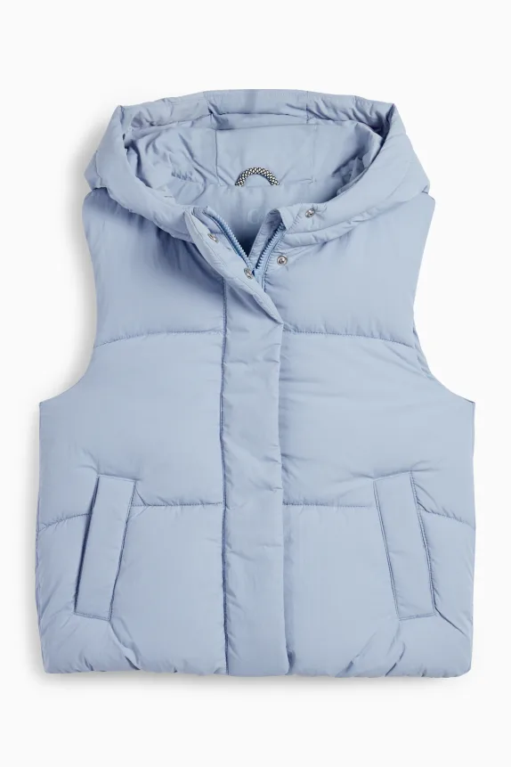 Quilted gilet with hood - water-repellent light blue