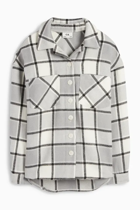 Flannel shirt jacket - check light gray