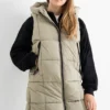 Long quilted gilet with hood - water-repellent khaki
