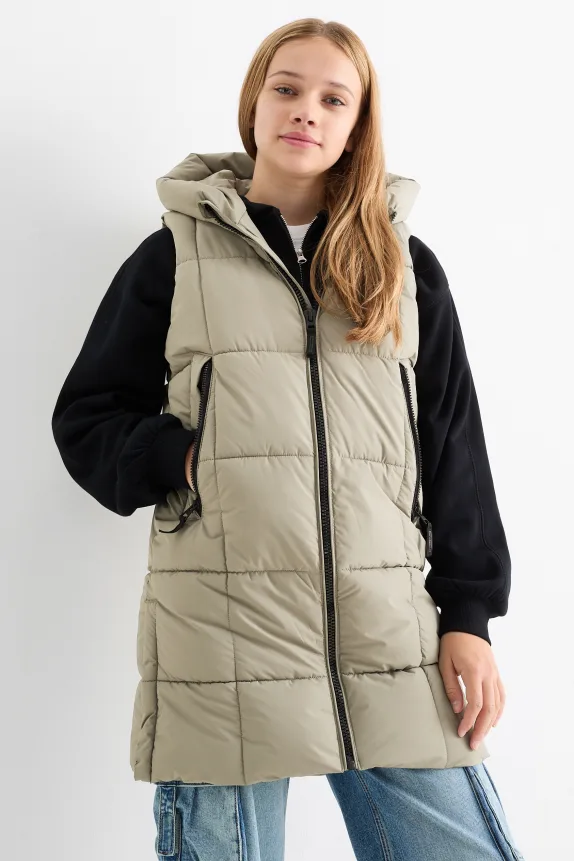 Long quilted gilet with hood - water-repellent khaki
