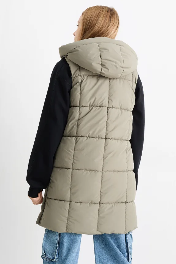 Long quilted gilet with hood - water-repellent khaki