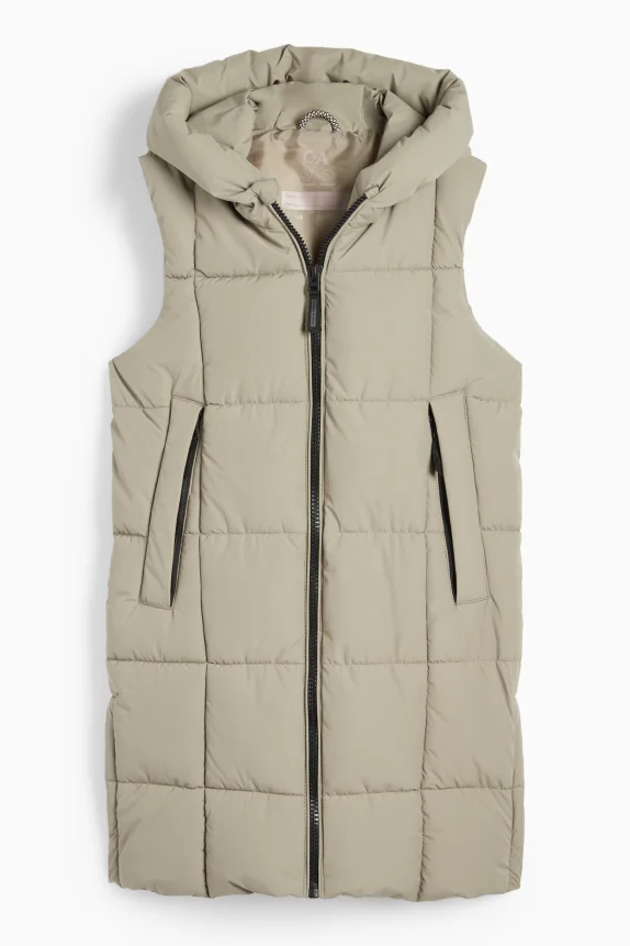 Long quilted gilet with hood - water-repellent khaki