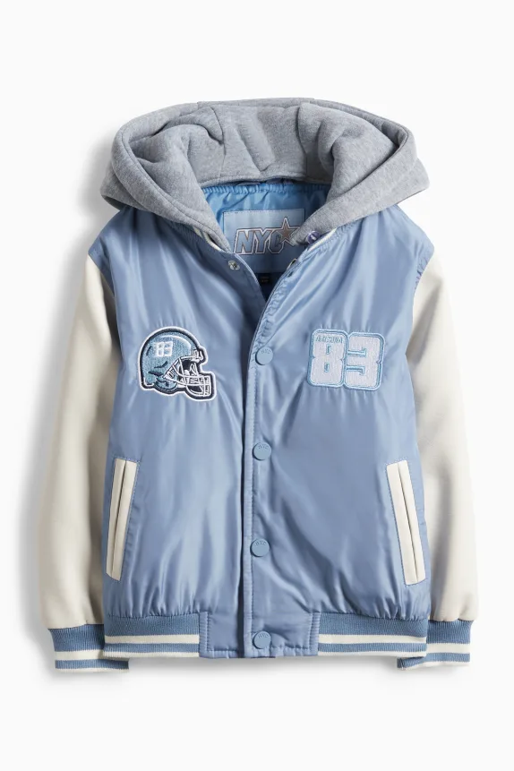 Football - varsity jacket with hood - lined light blue