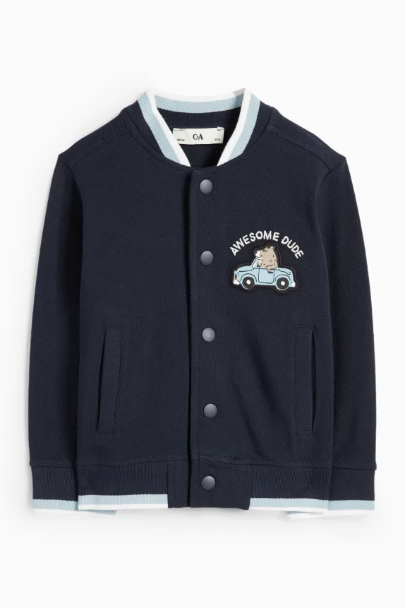 Teddy bear and car - varsity jacket - textured dark blue